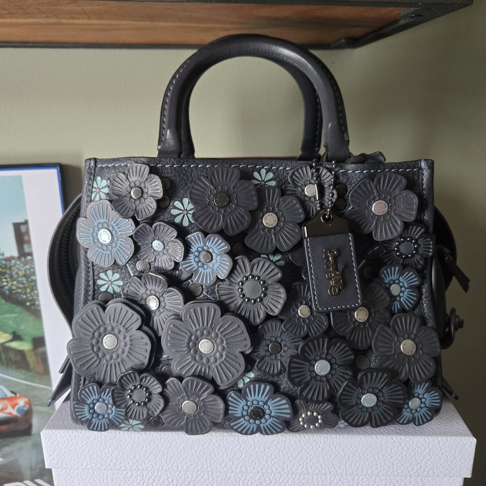 Coach Tea Rose Appliqué Leather Satchel in Black/Blue Rogue 25